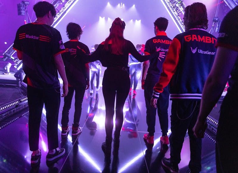 BERLIN, GERMANY - SEPTEMBER 16: Teams Crazy Raccoon and Gambit Esports make an entrance at the VALORANT Champions Tour 2021: Stage 3 Masters on September 16, 2021 in Berlin, Germany. (Photo by Colin Young-Wolff/Riot Games)