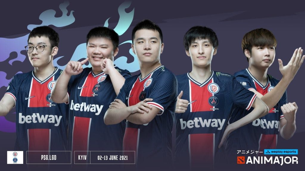PSG.LGD's roster coming to TI10: (from left) Faith_bian, XinQ, y', Ame, NothingToSay