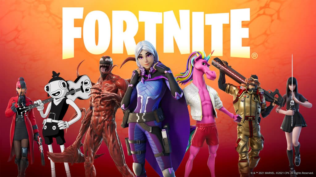 The Fortnite Season 8 Battle Pass. From left: Kor, Toona Fish, Carnage, Torin, Fabio Sparklemane, JB Chimpanski, Charlotte.