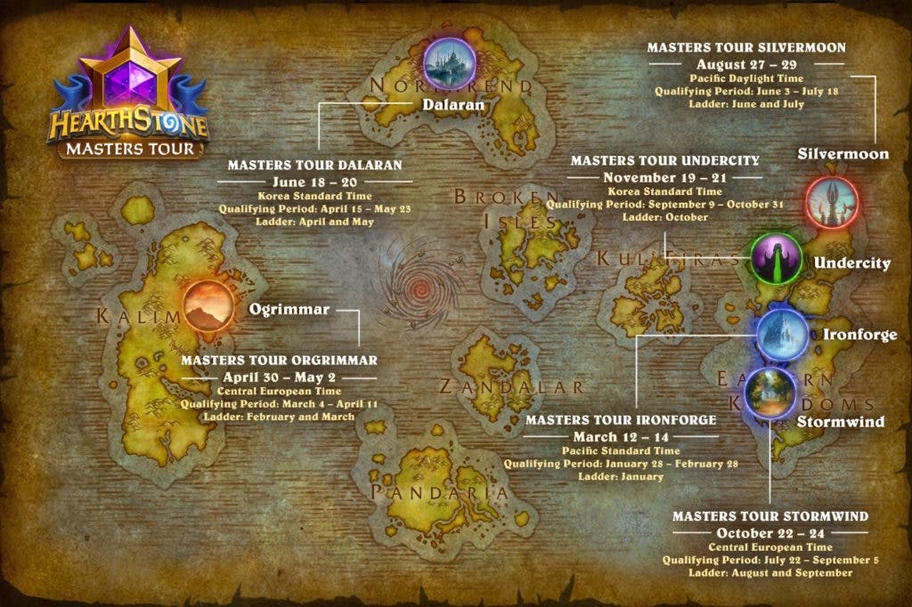 <a href="https://esports.gg/news/hearthstone/hearthstone-summer-championship-free-packs/">Hearthstone Masters</a> Tour schedule. Image via Blizzard Entertainment.