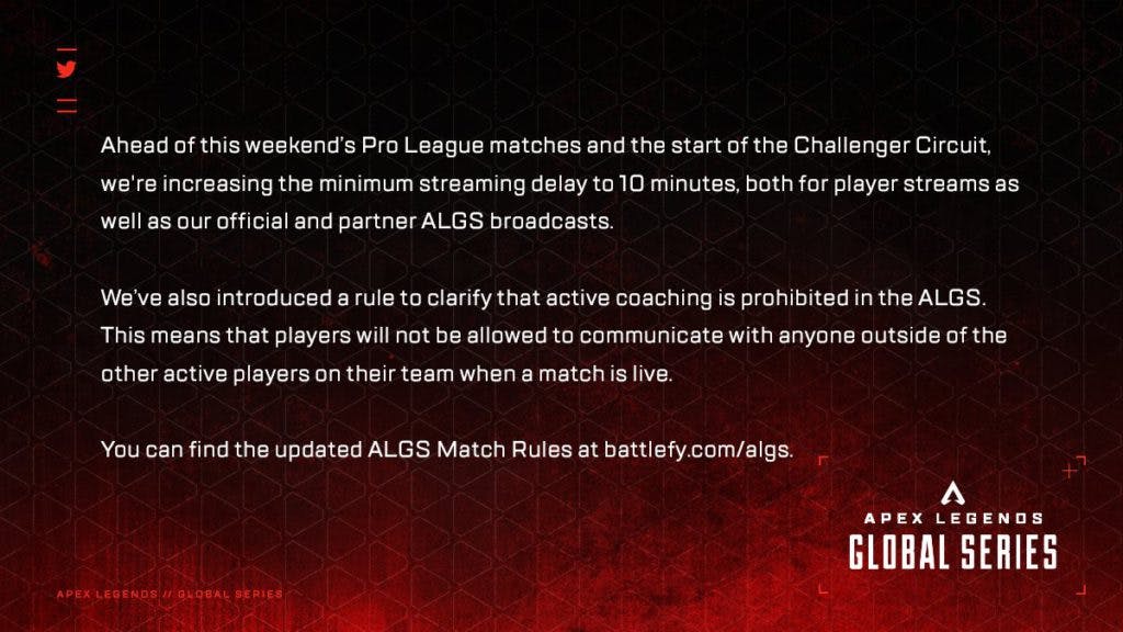 An official message from the ALGS regarding stream delays and coaching