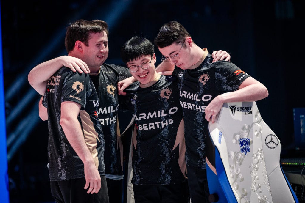 REYKJAVIK, ICELAND - OCTOBER 6: (L-R) Tamas "Vizicsacsi" Kiss, Vincent "Violet" Wong and James "Tally" Shute of team Peace react after winning a match at the League of Legends World Championship Play-Ins Stage on October 6, 2021 in Reykjavik, Iceland. (Photo by Michal Konkol/Riot Games)