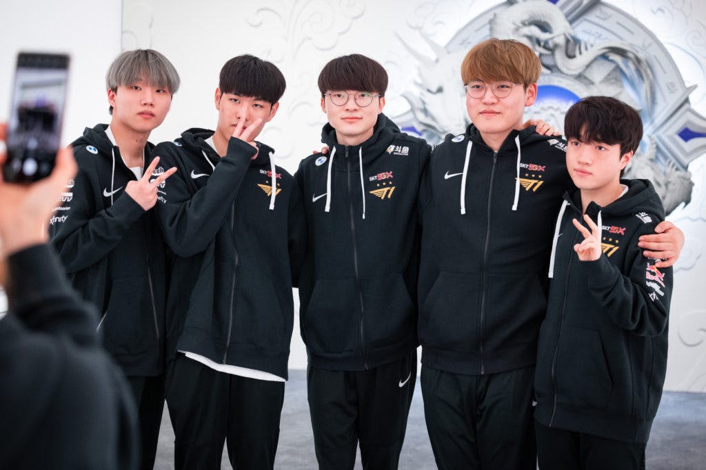 From left to right: Canna, Oner, Faker, Gumayusi, Keria. (RIOT GAMES/Colin Young-Wolff)