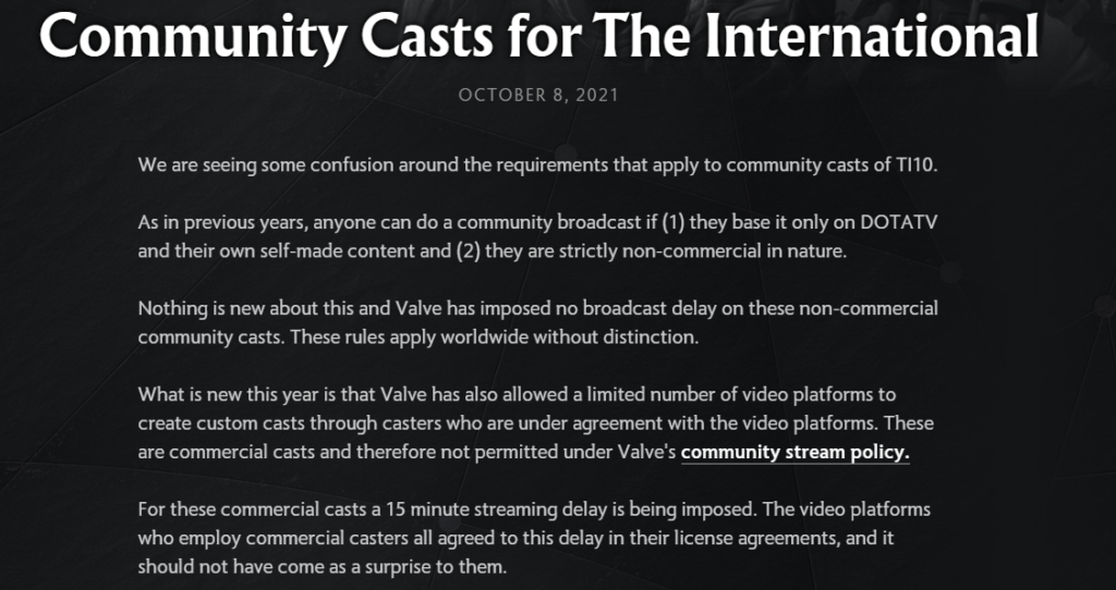 Rules of Community Casts for TI on dota2.com