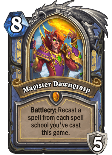 <em>Magister is a humble title for one who united warring armies against the greatest threat to Azeroth.</em><br>  <strong>Alterac Valley's Hero Card reveled </strong><br><strong>Hero Power</strong>: Arcane Burst (2 mana) Deal 1 damage. Honorable Kill: Gain +2 Damage