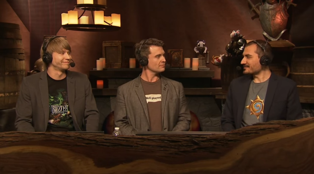 Savjz, Brian Kibler and Kripparrian commentating on the 2015 Hearthstone World Championship. Image via Blizzard Entertainment.