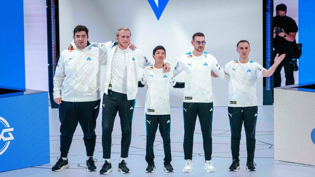 REYKJAVIK, ICELAND - OCTOBER 5: Team Cloud9 stands onstage after a victory at the League of Legends World Championship Play-Ins Stage on October 5, 2021 in Reykjavik, Iceland. (Photo by Wojciech Wandzel/Riot Games)