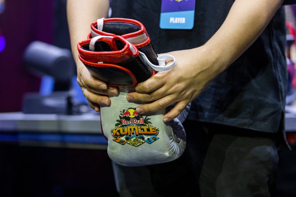 Players were given custom boxing gloves to hang in the cage upon losing at the competition at Red Bull Kumite, held in the Octavius Ballroom at Caesar's Palace in Las Vegas, NV. <em>Photo by Marv Watson, Red Bull Content Pool. </em>