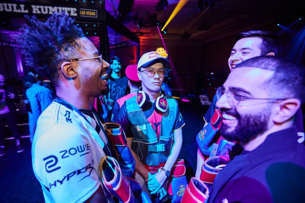 Victor 'Punk' Woodley, Li Wei 'Oil King' Lin and others line up in their pool for the Street Fighter V competition at Red Bull Kumite, held in the Octavius Ballroom at Caesar's Palace in Las Vegas, NV, USA on 14 November, 2021. // <em>Marv Watson for Red Bull Content Pool</em>