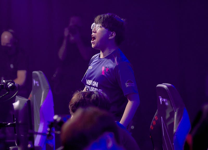 BERLIN, GERMANY - SEPTEMBER 11: Vision Strikers' Yu <a href="https://esports.gg/news/valorant/drx-buzz-champions/">"BuZz" Byung-chul reacts at the VALORANT Champions</a> Tour 2021: Stage 3 Masters on September 11, 2021 in Berlin, Germany. (Photo by Lance Skundrich/Riot Games)