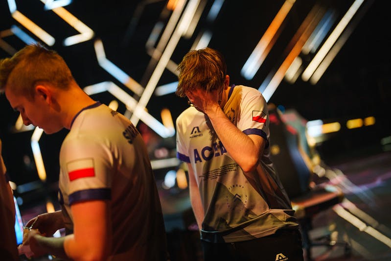 POTSDAM, GERMANY - DECEMBER 3: Team Acend walks offstage after a loss at the VALORANT Champions Groups Stage on December 3, 2021 in Potsdam, Germany. (Photo by Michal Konkol/Riot Games)