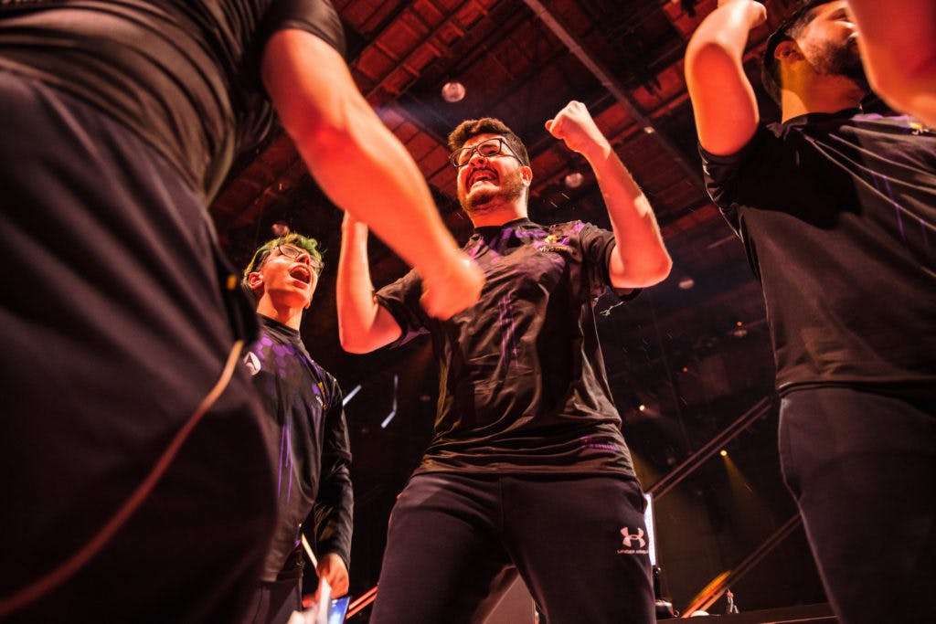 Vivo Keyd celebrate after beating Acend. The result of the match would first be overturned, then changed to a replay. (RIOT GAMES/Lance Skundrich)
