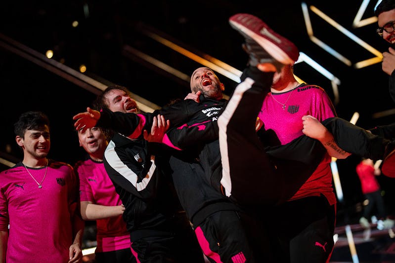 POTSDAM, GERMANY - DECEMBER 6: KRU Esports reacts after a victory match at the <a href="https://esports.gg/news/valorant/acends-new-reality-of-being-valorant-champions-is-slowly-sinking-in/">VALORANT Champions</a> Groups Stage on December 6, 2021 in Potsdam, Germany. (Photo by Michal Konkol/Riot Games)