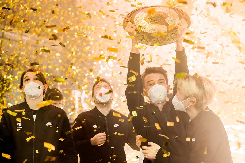 <a href="https://esports.gg/news/esports/team-spirit-relocated-to-serbia/">Team Spirit</a> lifting the TI10 Aegis was not a fluke but it was a massive surprise for many. Image Credit: <a href="https://www.flickr.com/photos/dota2ti/page1" target="_blank" rel="noreferrer noopener">Dota 2/ Valve</a>.