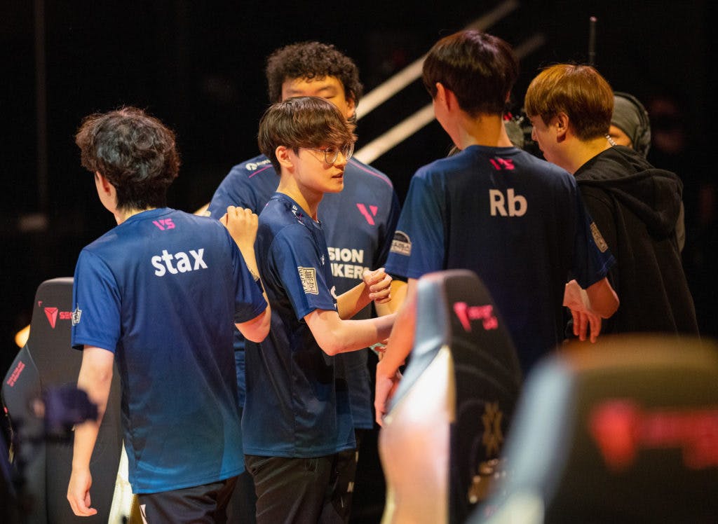 <em>POTSDAM, GERMANY - DECEMBER 7: Team Vision Strikers celebrate a win at the VALORANT Champions Groups Stage on December 7, 2021 in Potsdam, Germany. (Photo by Michal Konkol/Riot Games)</em>