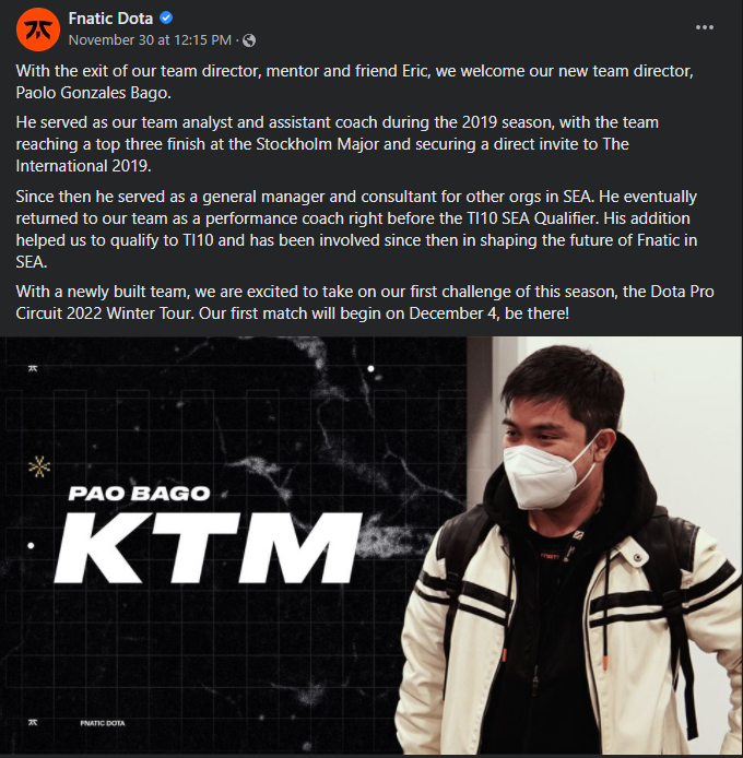 Fnatic welcomed Paolo Gonzales Bago - KTM to be their new Team Director