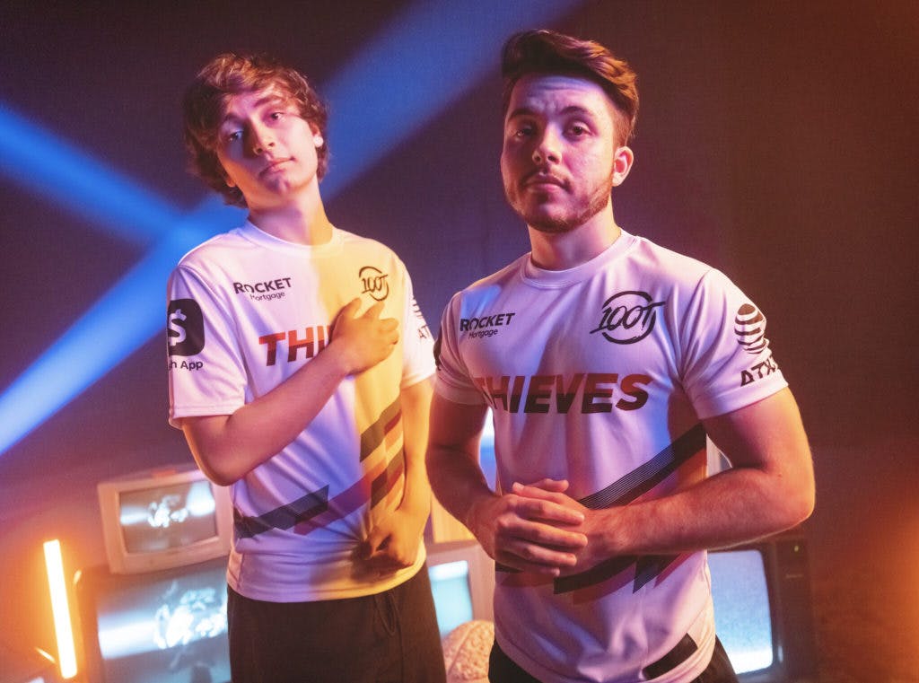 BERLIN, GERMANY - SEPTEMBER 6: Peter "Asuna" Mazuryk (L) and Ethan "Ethan" Arnold of 100 Thieves pose at the VALORANT Champions Tour 2021: Stage 3 Masters Features Day on September 6, 2021 in Berlin, Germany. (Photo by Colin Young-Wolff/Riot Games)