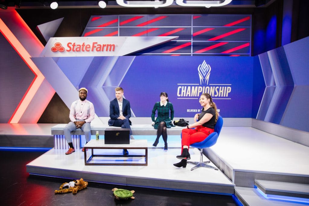 Kaizen Asiedu, MarkZ, Emily Rand, and Gabriella "LeTigress" Devia-Allen on the broadcast for the finals of the 2021 LCS Summer Split. (RIOT GAMES/Tina Jo)