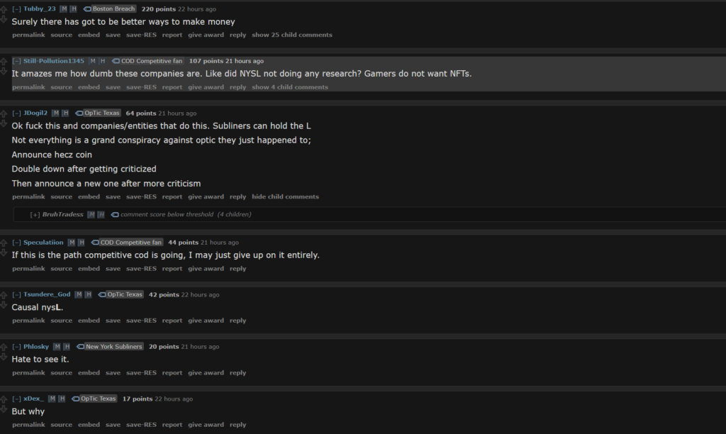 The community is not pleased with the NFT news. Screengrab via Reddit.