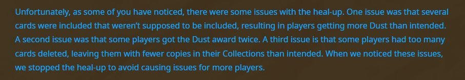 Hearthstone Forum post about <a href="https://us.forums.blizzard.com/en/hearthstone/t/recent-dust-grants-and-missing-cards/79381" target="_blank" rel="noreferrer noopener nofollow">"Recent Dust Grans and Missing Cards"</a>