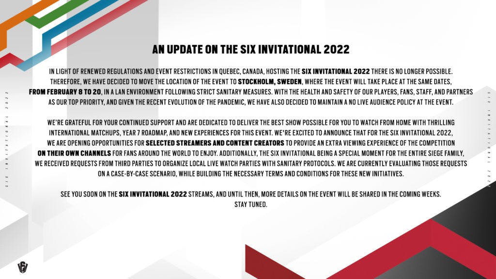 The Six Invitational 2022 has shifted to Sweden and will allow co-streaming. Ubisoft is also exploring allowing third-party watch parties. Image Credit: <a href="https://twitter.com/R6esports/status/1482064976965685249?s=20">Ubisoft Twitter</a>.