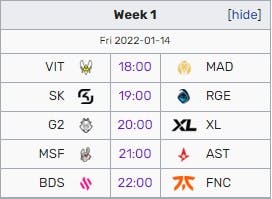 LEC 2022 Opening Day matches on January 14th (Times in CET) Image from Lol.fandom.com
