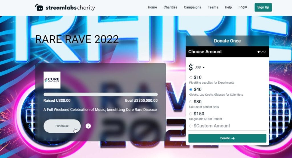 Você pode apoiar a Rare Rave 2022 através da <a href="https://streamlabscharity.com/cure-rare-disease/event/rare-rave-2022" target="_blank" rel="noreferrer noopener nofollow">página de arrecadação de fundos</a> no StreamLabsCharity