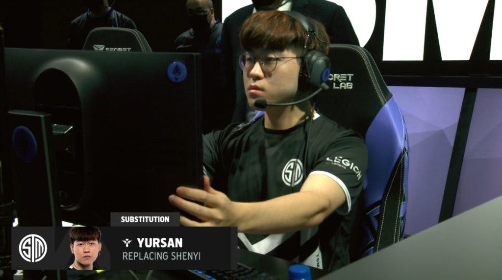 Yursan was promoted for week 3, replacing Shenyi who was moved to TSM's Academy team (Image: <a href="https://www.twitch.tv/videos/1304123799?t=01h27m49s" target="_blank" rel="noreferrer noopener nofollow">LCS Twitch broadcast</a>)