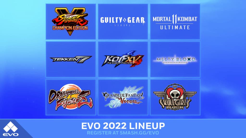 Games included at this year's Evo include SFV, Guilty Gear Strive, MK11, Tekken 7, KOFXV, Melty Blood, Dragonball FighterZ, Granblue Fantasy Versus, and Skullgirls.