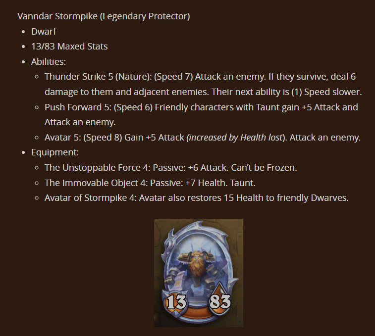 Maxed Stats, Abilities, and Equipment for Vanndar Stormpike - Hearthstone Mercenaries