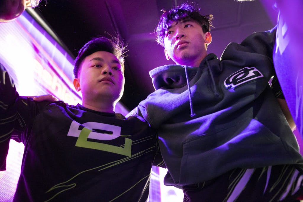 Victor "Victor" Wong (L) and Jimmy "Marved" Nguyen of OpTic Gaming huddle at the VALORANT Masters Groups Stage on April 13, 2022 in Reykjavik, Iceland. (Photo by Colin Young-Wolff/Riot Games)