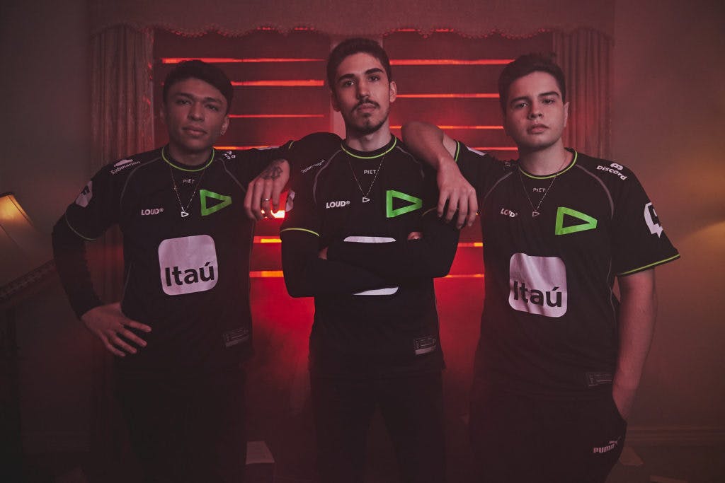 &nbsp;Bryan "pANcada" Luna, Erick "aspas" Santos and Felipe "Less" Basso of team LOUD pose for the VALORANT Masters Features Day on April 8, 2022 in Reykjavik, Iceland. (Photo by Lance Skundrich/Riot Games)
