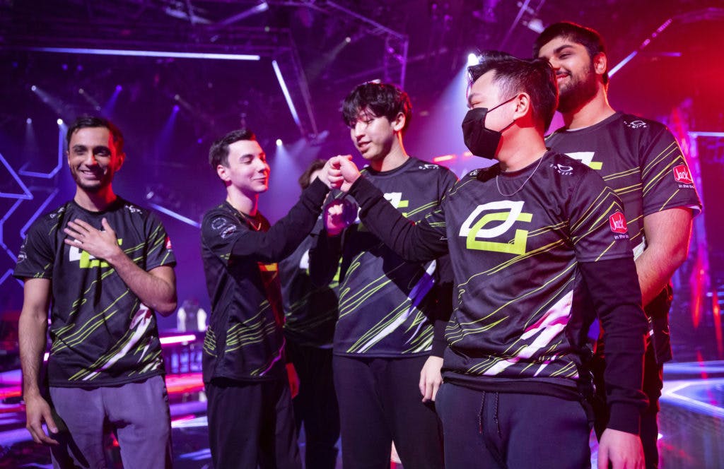 REYKJAVIK, ICELAND - APRIL 23: OpTic Gaming poses onstage after a victory match against ZETA DIVISION at the VALORANT Masters Lower Finals on April 23, 2022 in Reykjavik, Iceland. (Photo by Colin Young-Wolff/Riot Games)<br>