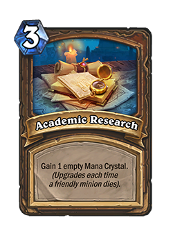 Academic Research<br>Old: Start of Game: Draw this. Gain 1 Mana Crystal. (Upgrades each time a friendly minion dies).&nbsp;<strong>→</strong>&nbsp;<strong>New: Gain 1 empty Mana Crystal. (Upgrades each time a friendly minion dies).</strong>