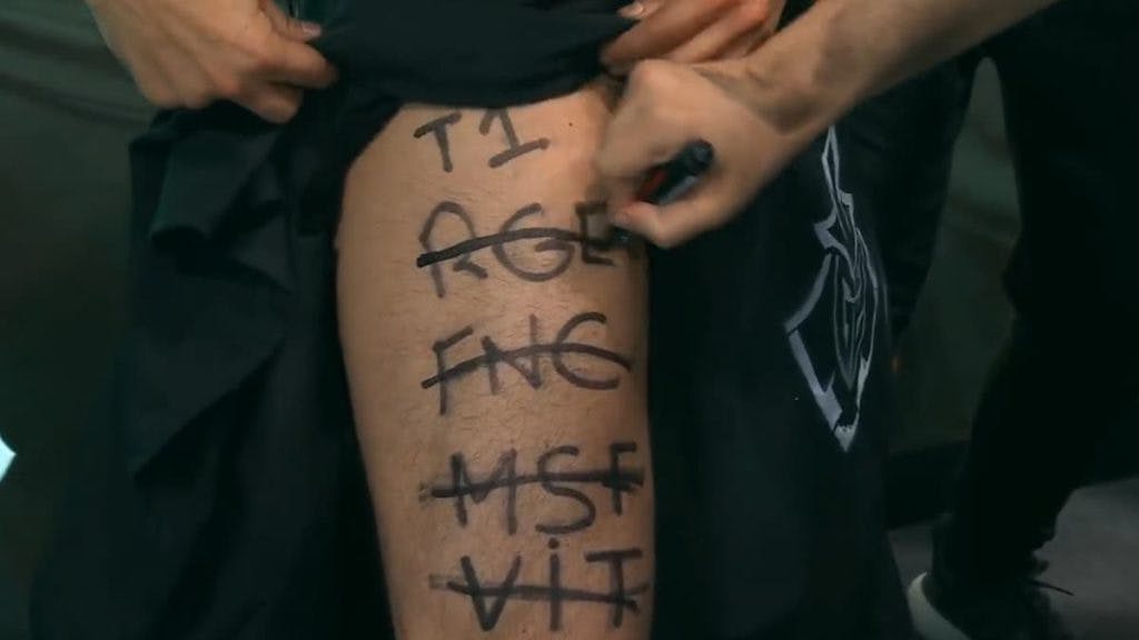 G2's Manager has been scrawling the names of their opponents on his thigh. Today they crossed out another (Image via Riot Games)
