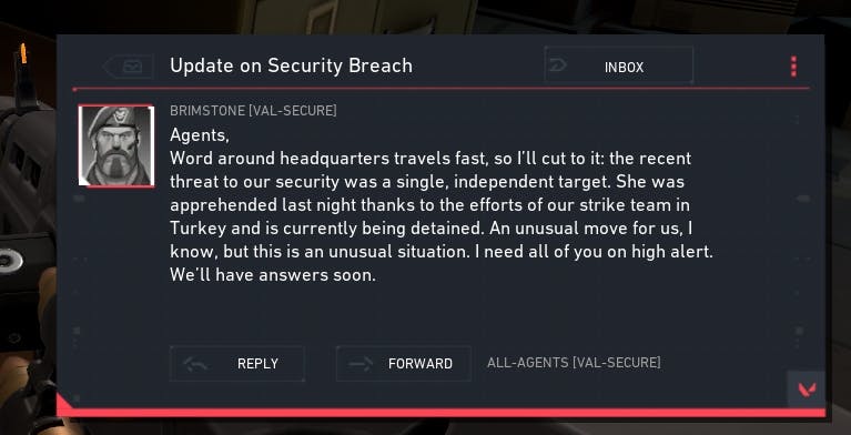 Brimstone's recent email talks of a "independent target" being detained. (Screengrab by Esports.gg)
