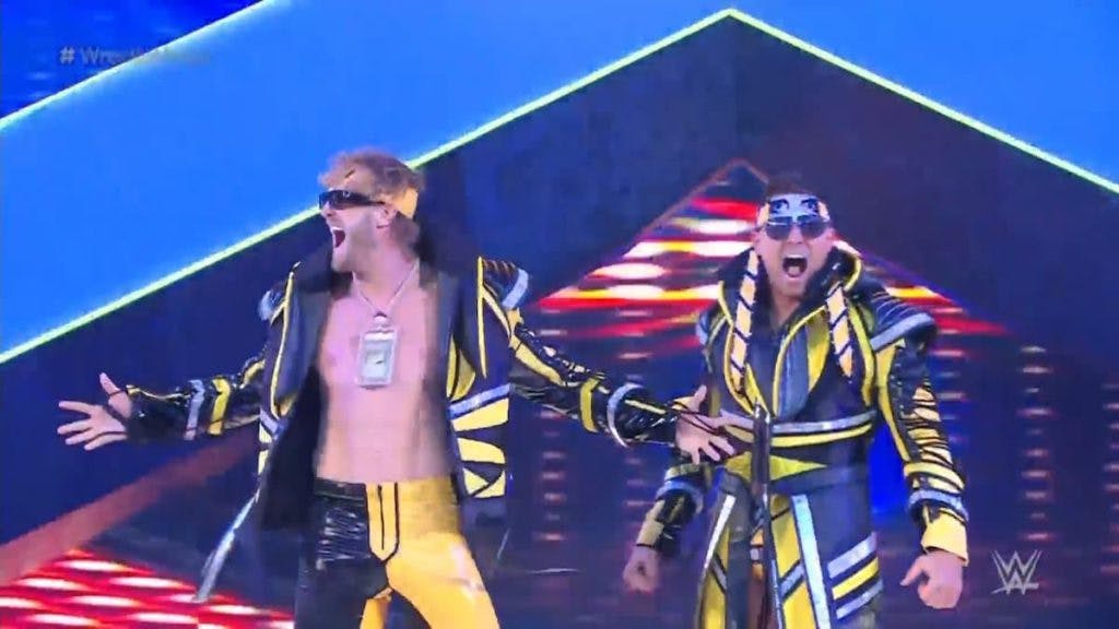 Logan Paul and The Miz make their entrance at WrestleMania (Image via BT Sport)