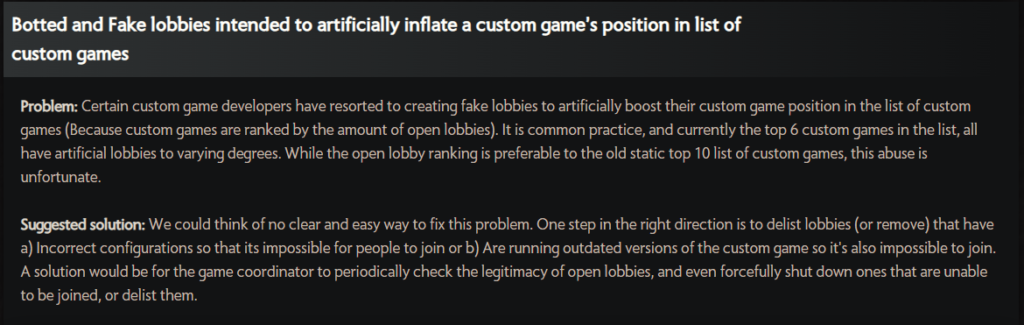 The Github link provides a list of custom games issues including suggested solutions. <br>Source: https://fcalife.github.io/fixthelobbies/