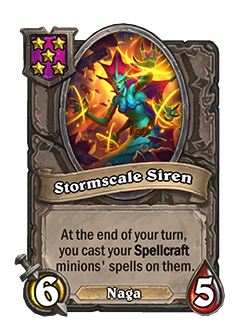 Stormscale Siren<br>Old: [Tavern Tier 3] 5 Attack, 4 Health. At the end of your turn, your Spellcraft minions cast their spells on themselves. <strong>→</strong> <strong>New: [Tavern Tier 5] 6 Attack, 5 Health. At the end of your turn, you cast your Spellcraft minions’ spells on them.</strong>