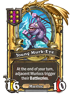 Old (golden): At the end of your turn, adjacent Murlocs trigger their Battlecries twice. <strong>→</strong> <strong>New: At the end of your turn, adjacent Murlocs trigger their Battlecries.</strong>