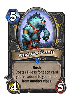 Wildpaw Gnoll<br>Old: [Costs 6] 3 Attack, 5 Health <strong>→</strong> <strong>New: [Costs 5] 4 Attack, 5 Health</strong>