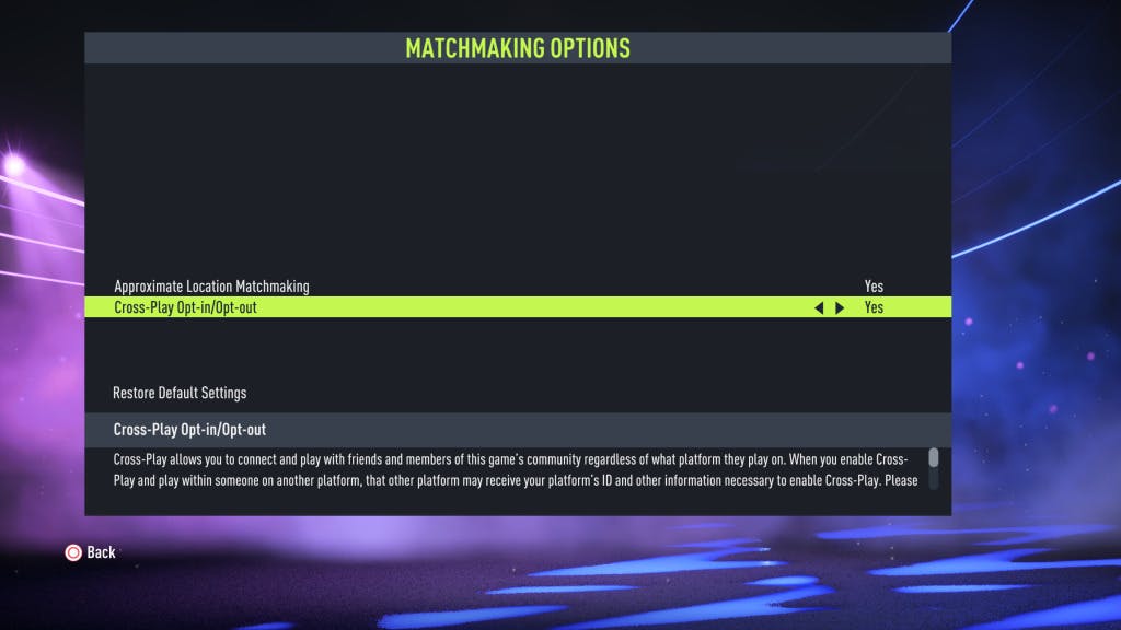 MatchMaking Options in-game| Image via EA Sports