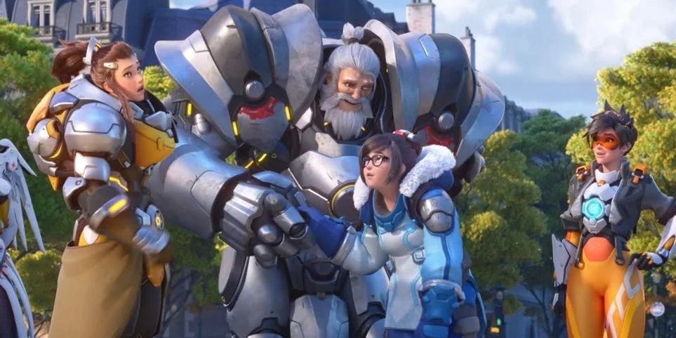Reinhardt reminding Mei that this isn't CS:GO and shooting him in the face isn't going to work here.