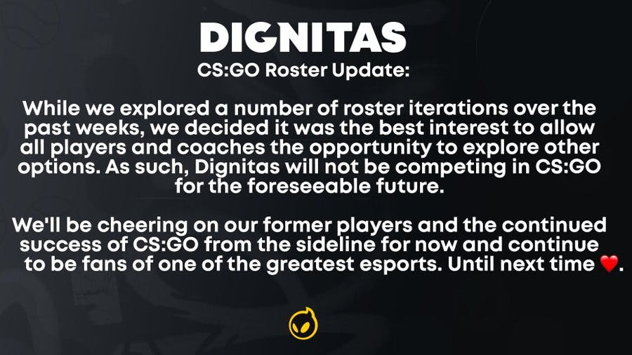 Dignitas CS: GO operations discontinued for the foreseeable future. Image Credit: <a href="https://twitter.com/dignitas/status/1537540967376601089" target="_blank" rel="noreferrer noopener nofollow">Dignitas Twitter. </a>