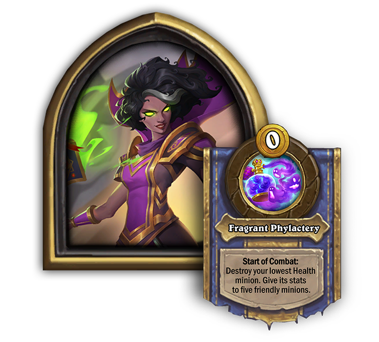 Tamsin Roame — Fragrant Phylactery<br>Old: Start of Combat: Destroy your lowest Health minion. Give its stats to four friendly minions. → <strong>New: Start of Combat: Destroy your lowest Health minion. Give its stats to five friendly minions.</strong>