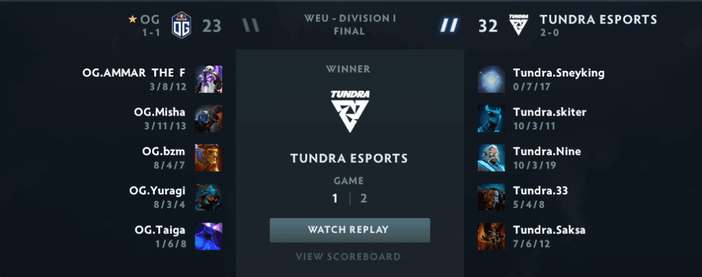 OG v. Tundra game 1 final score