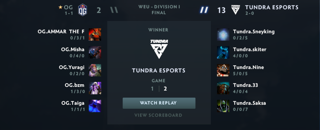 OG v. Tundra game 2 final score