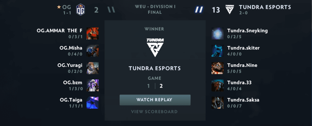 OG v. Tundra game 2 final score