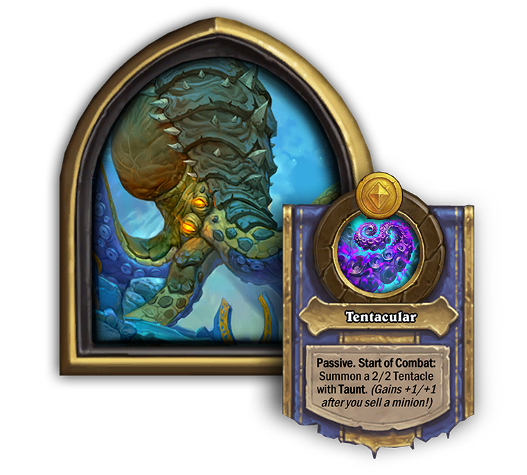 Ozumat – Tentacular<br>Old: Passive. Start of Combat: Summon a 2/2 Tentacle with Taunt. (Upgrades after you sell a minion!) → <strong>New: Passive. Start of Combat: Summon a 2/2 Tentacle with Taunt. (Gains +1/+1 after you sell a minion!)</strong>