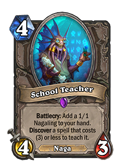 School Teacher<br>Old: 5 Attack, 4 Health →&nbsp;<strong>New: 4 Attack, 3 Health</strong><br>"<em>Though we’re generally happy with the kinds of gameplay that School Teacher provides, a card with a premium Battlecry effect doesn’t also need to have premium stats.</em>"